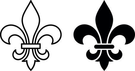 Fleur de lis vector icon illustration set featuring classic heraldic lily in line art outline and solid black silhouette styles © Soneka