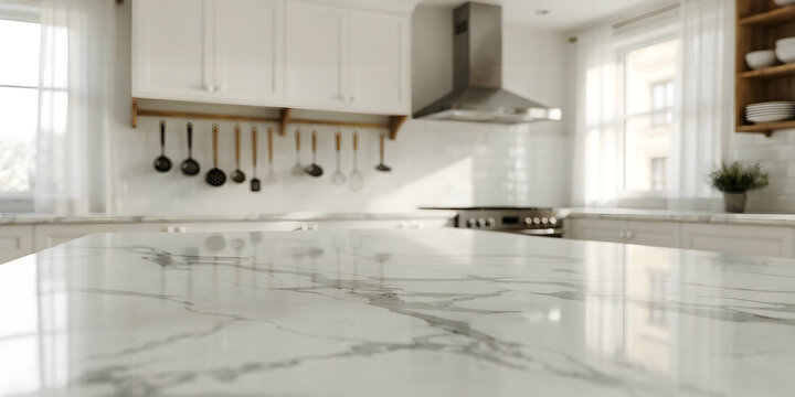 Modern kitchen interior with marble countertop and white cabinets