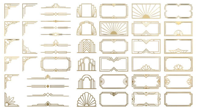 Art Deco gold frames and borders set, luxury geometric vintage corners and dividers, elegant 1920s style vector ornaments for wedding invitations