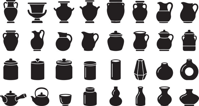 Set of black silhouettes of different ceramic vases jugs pots and jars for home decoration