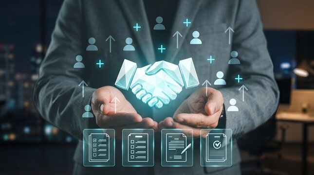 Handshake icon floating above businessman hands showing digital partnership agreement concept with glowing blue interface elements in dark office background