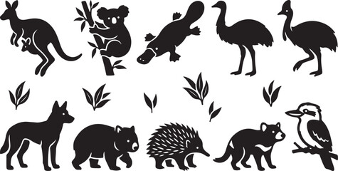 Set of black silhouettes of australian animals including kangaroo koala and platypus © OMESA