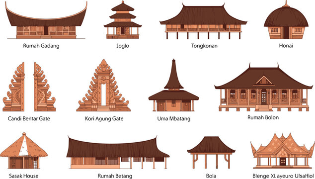 Indonesian traditional house vector illustration collection featuring cultural architecture including Rumah Gadang, Joglo, and Candi Bentar gate