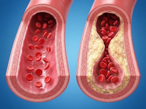 3D medical illustration comparing a healthy human artery with an unhealthy artery showing significant cholesterol plaque buildup and restricted blood flow