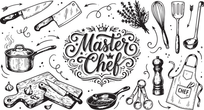 Master Chef Kitchen Utensils and Cooking Tools Vector Set on Transparent Background