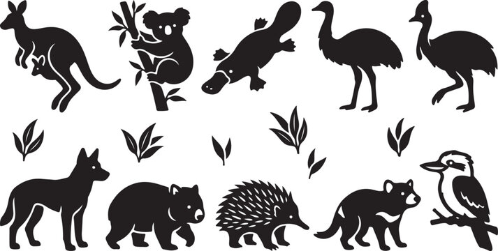 Set of black silhouettes of australian animals including kangaroo koala and platypus