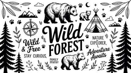 Wild forest adventure vector illustration set featuring bears, pine trees, compass, and teepee tent in vintage engraving style © Soneka