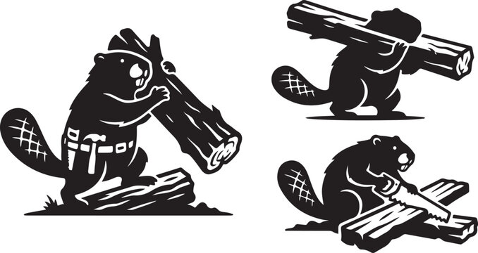 Set of black silhouette beaver icons working with wood logs and tools
