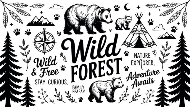 Wild forest adventure vector illustration set featuring bears, pine trees, compass, and teepee tent in vintage engraving style