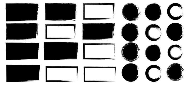 Set of rectangle and circle brush strokes, grunge jagged rectangle shape, paint brush grunge border frame, ink paint brush. Grunge brush stroke boxes, collage, text, banner, sticker, poster design.