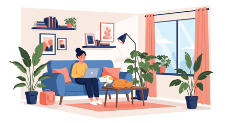 Fototapeta premium Cozy home office setup with a woman working on a laptop on the sofa surrounded by cats and lush green plants.