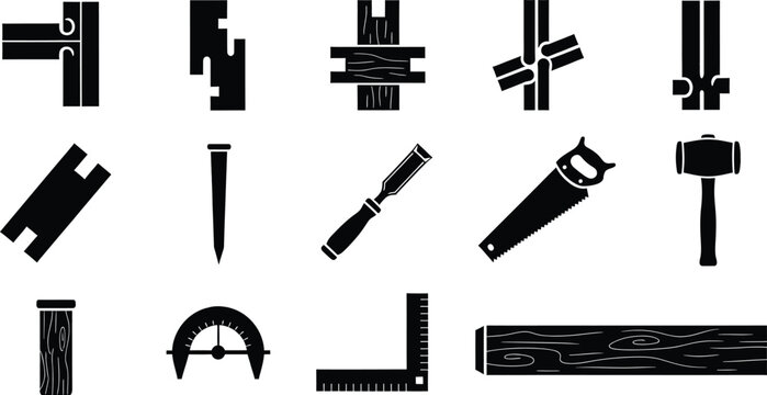 Set of black icons showing carpentry tools and various wooden joints for construction work