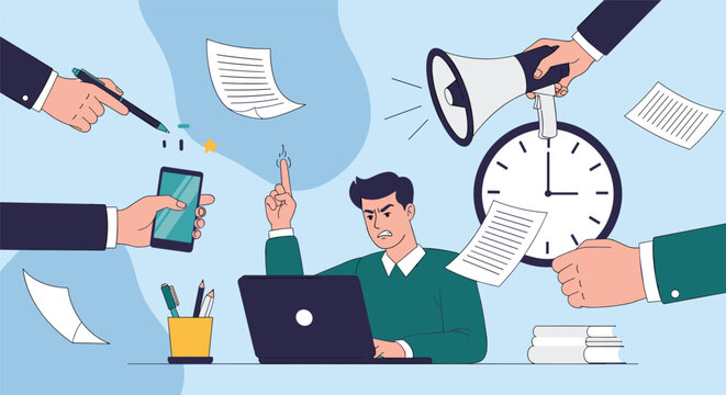 Stressed young office worker with a laptop gets completely overwhelmed by multitasking and strict deadlines at work.