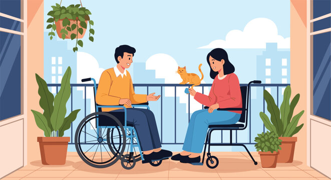 Happy disabled couple in wheelchairs relaxing on a sunny balcony while playing with their cute pet cat.