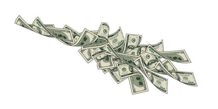Money dollar horizontal composition with blowing out 100 USD banknotes, bills. Design element on transparent background. Concept of cash flow