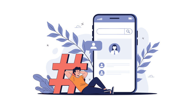 Young man relaxing on the floor leaning against a giant hashtag symbol next to a large smartphone screen.