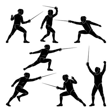 Fencing sport silhouettes set. fencers in various poses holding rapier and saber, ready to attack.