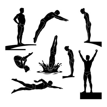 Swimming and diving athlete silhouettes set.