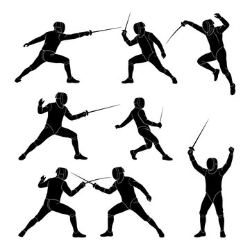 Fencing sport silhouettes set. fencers in various poses holding rapier and saber, ready to attack.