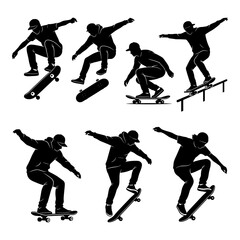 Skateboarders performing tricks on skateboards, grinding rails, silhouettes. © SUBRATAKUMAR