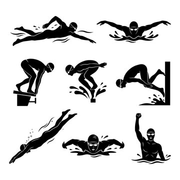 Set of black silhouettes of swimmers in various poses isolated on white background. vector illustration.