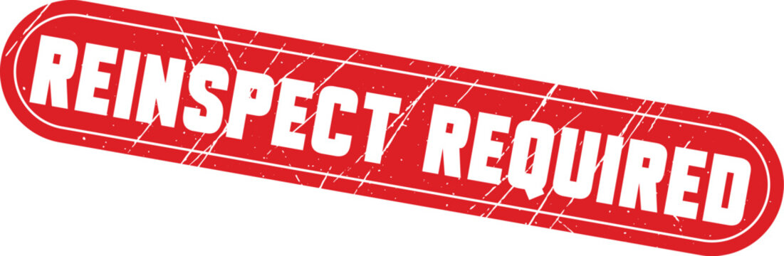 REINSPECT REQUIRED: An oval-shaped red rubber stamp design featuring the text marking an item for a second inspection.