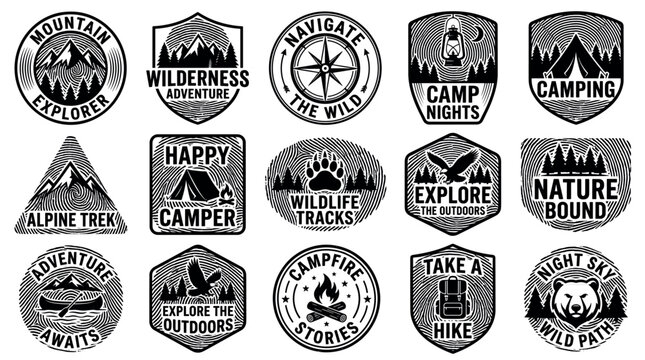 Set of adventure camping and outdoor exploration badges