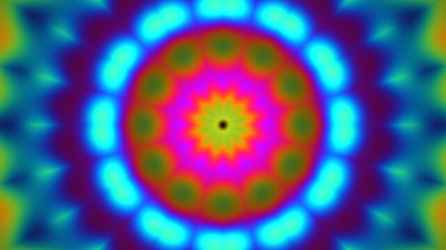Colorful circular pattern with bright hues and bold design elements