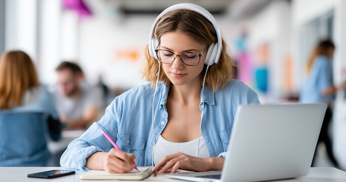 Focused Young Woman Taking Detailed Notes During Online Education Webinar
