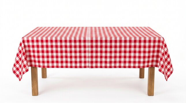 A wooden table covered with a red and white checkered tablecloth isolated on white background