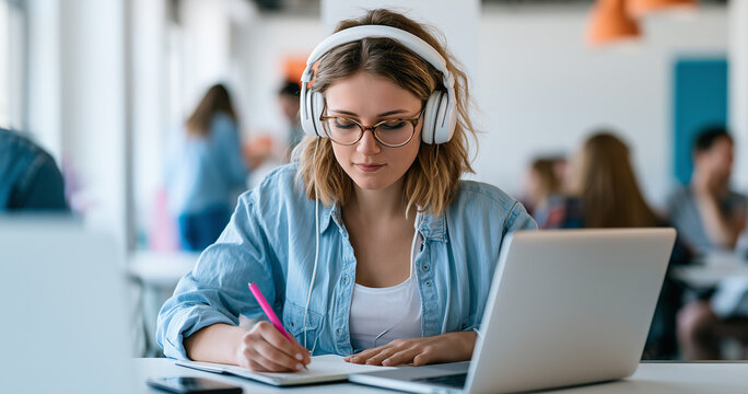 Focused Young Woman Taking Detailed Notes During Online Education Webinar
