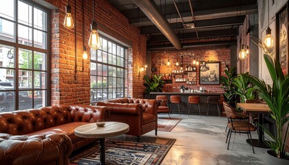 Fototapeta premium Spacious industrial loft living room with brick walls and leather furniture