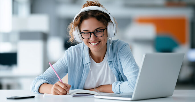 Focused Young Woman Taking Detailed Notes During Online Education Webinar
