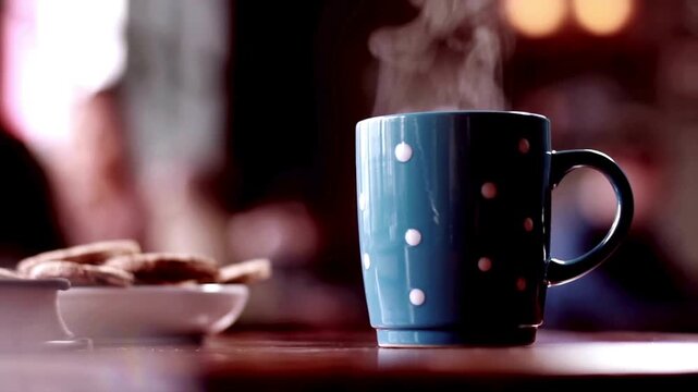 Steaming hot coffee in blue polka dot mug, ceramic cup with rising steam on wooden table, cozy morning beverage with cookies in cafe