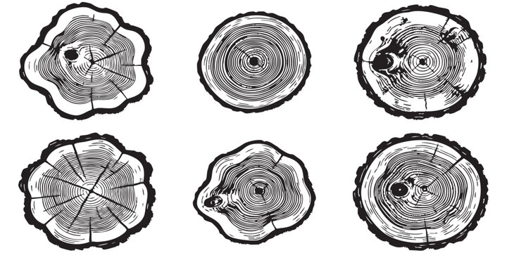 Set of hand drawn tree trunk cross section wood rings in vintage sketch style