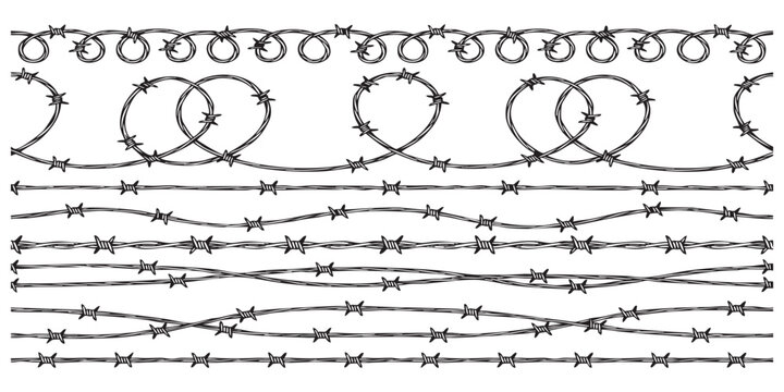Set of black barbed wire border elements and fences for security and prison design