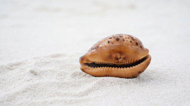 Glossy Caramel Cowrie Shell on White Sand &ndash; 5K Minimal Coastal Still Life Stock Image
