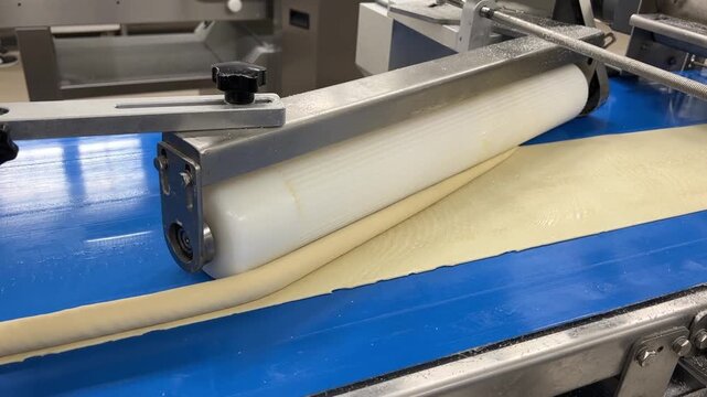 Industrial bakery production line. A roller shapes the dough into a roll. Automated technologies, conveyor lines