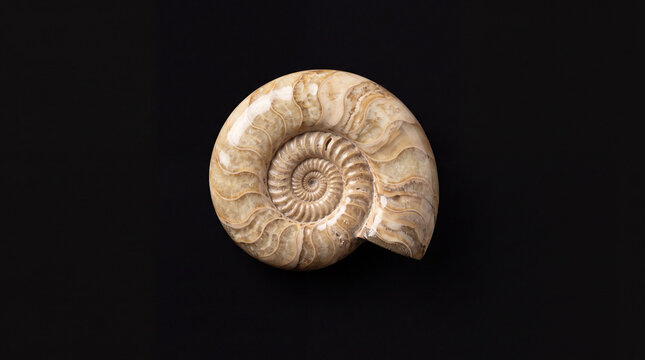 Polished Ammonite Spiral Fossil Shell on Black &ndash; 5K Minimal Natural Geometry Stock Phot