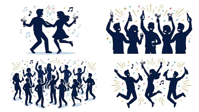Festive Toasting and Night Party Silhouette Collection &ndash; Dancing Crowd and Celebration Drink Cheers Illustration Set