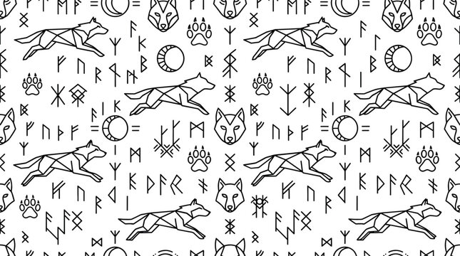 Geometric nordic seamless pattern with running wolves, viking runes, and crescent moons for background design.