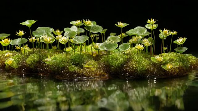 Floating fields of flowering algae over mirror water, original ecosystem design, focused details, premium lighting