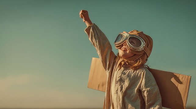 Happy child pilot playing with toy airplane. Happy child dressed as a pilot with aviator goggles and cardboard wings against a summer sky background