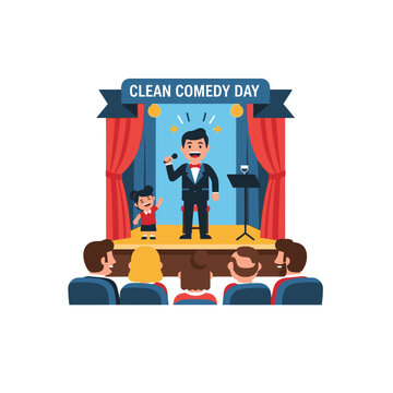 Comedian performs animation comedy show with kid on stage at theater