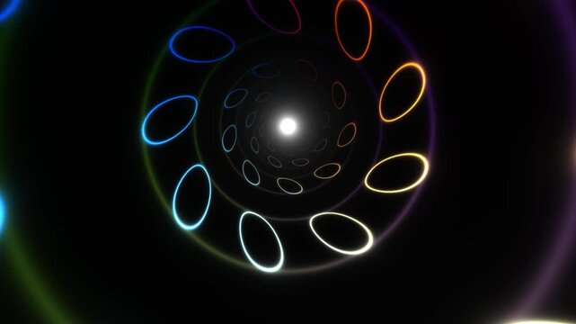 Colorful patterns swirl in a tunnel of light