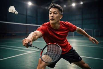 Obraz premium Focused badminton player in action.