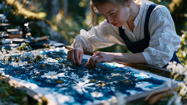 Biologist prepares a cyanotype contact print by arranging pressed wildflowers on sensitized paper in direct sunlight outside a research station, exposure timer set, botanical documentation, alternat