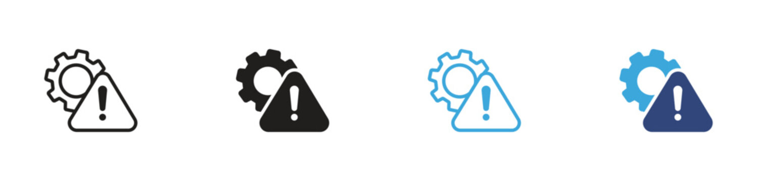 Gear alert icon set, System warning symbols, Settings notification vector icons, Technical issue signs, Configuration alert vector icons