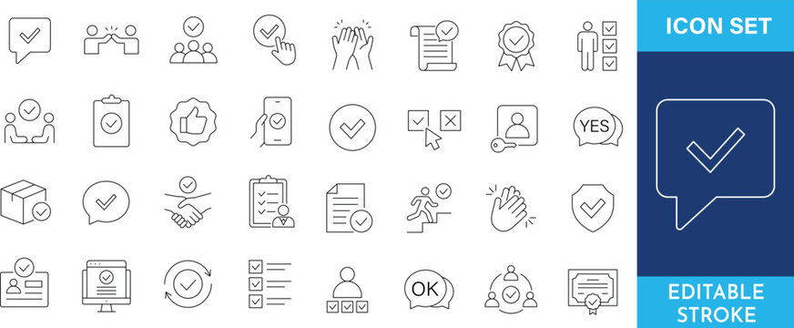 Set of approval and confirmation line icons, including checkmarks, verified steps, and positive feedback.