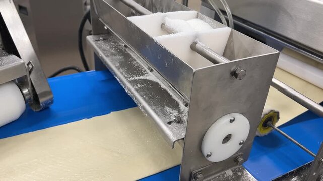 Industrial bakery production line. Sugar from a stainless steel hopper is deposited onto the rolled-out dough. Automated technologies, conveyor lines